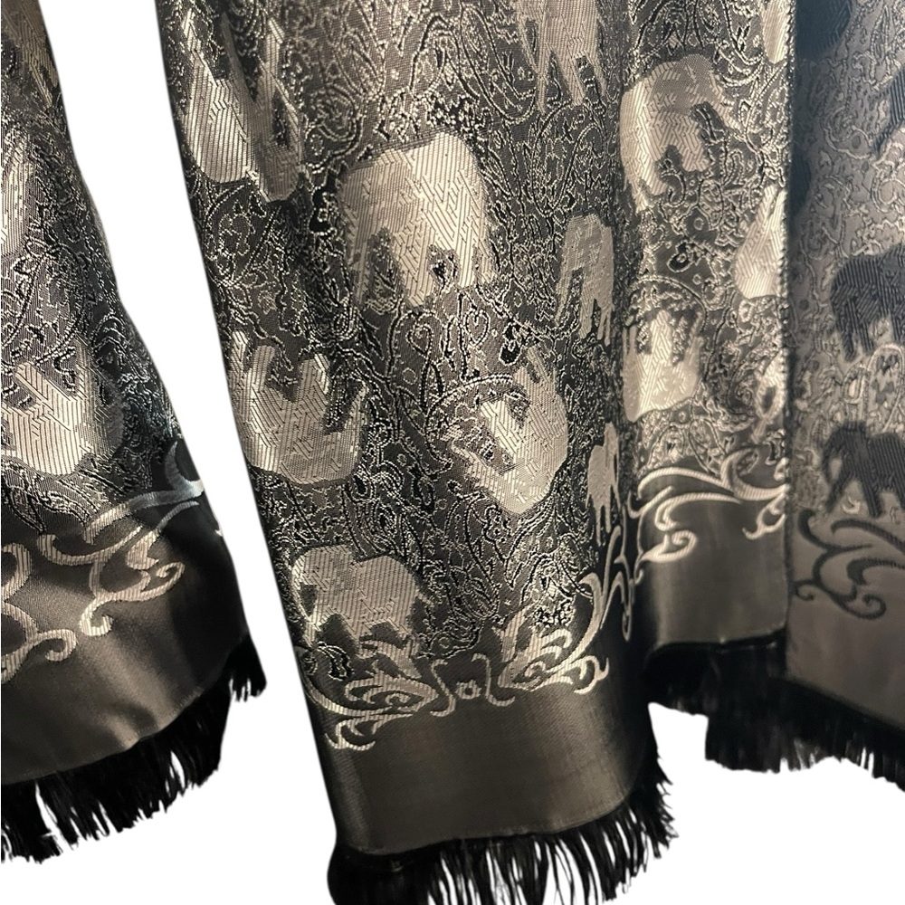 Black/Grey/Silver Fringe Elephant Reversible Silky Scarf Wrap Shawl - Picture 9 of 11